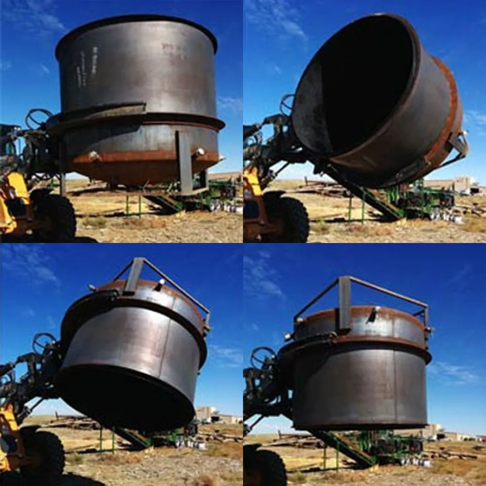 Four views of a batch kiln being handled by a loader