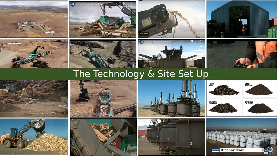 Photographs of the technology and site set-up at a Biochar Now facility