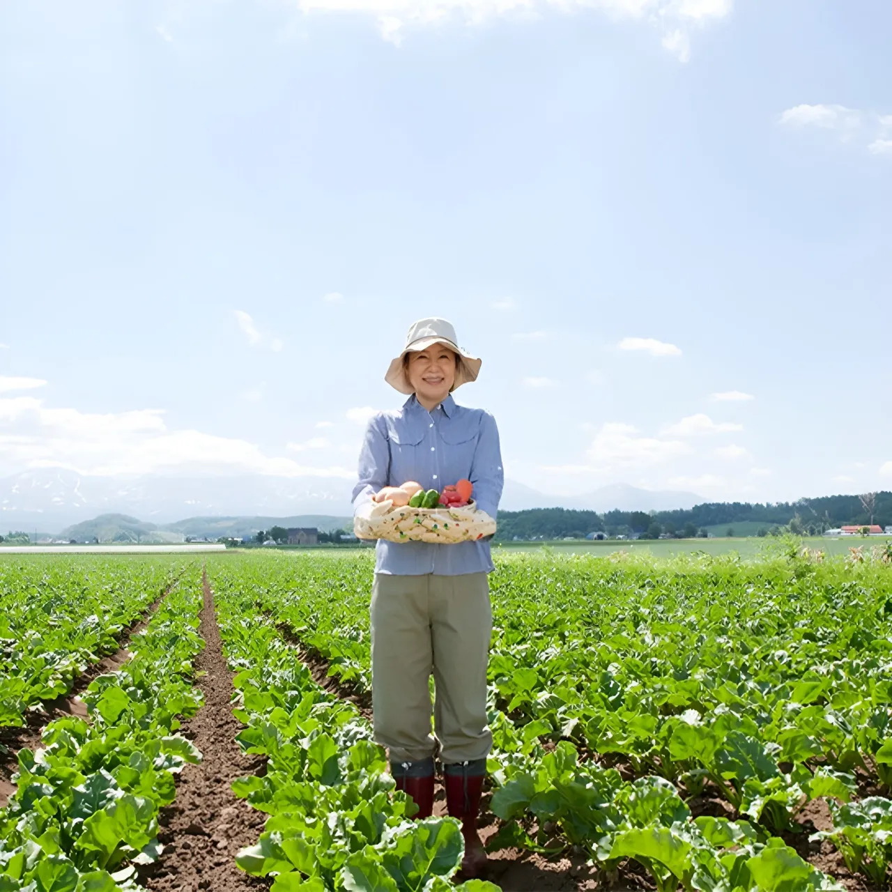 A farmer standing in a field of leafy crops