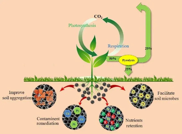 Diagram of the carbon cycle with biochar: photosynthesis, pyrolysis and soil benefits
