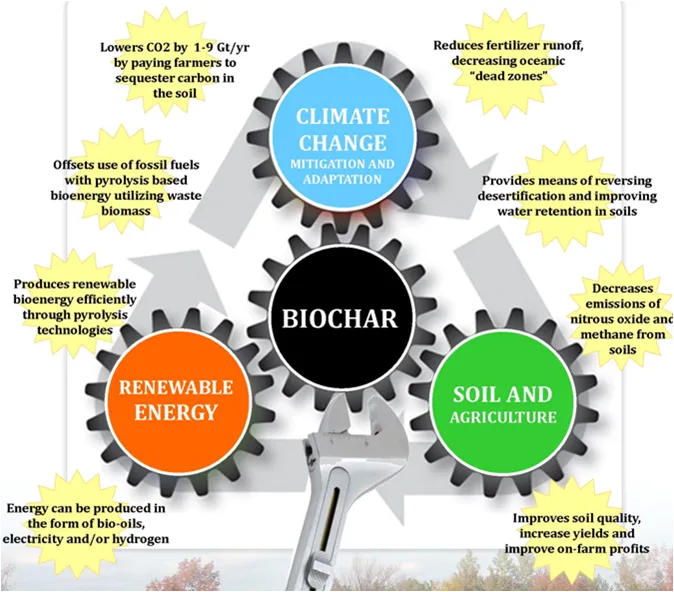 Diagram linking biochar to climate change mitigation, soil and agriculture, and renewable energy