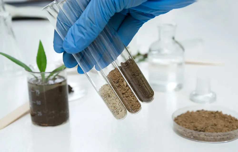 Soil and biochar samples in test tubes in a laboratory